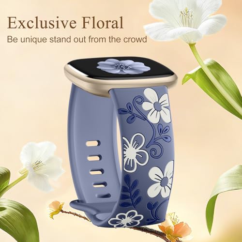 GEAK Blue Gray Floral Design Silicone Watch Band Compatible with Fitbit Sense/Sense 2/Versa 3/4 – Women & Men, Soft Engraved Strap Replacement
