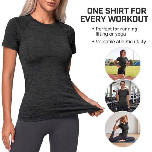 Spyder Women's Workout Top - Short Sleeve Crewneck Yoga Gym Shirt, Medium, Black Heather
