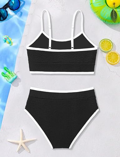 Girls Two-Piece Scoop Neck Bikini Set - High Waist, Adjustable Straps, Black + White, 15-16 Years