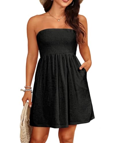 Yonique Medium Black Strapless Terry Cloth Beach Cover Up with Pockets