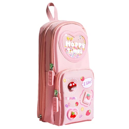 Large Capacity 3-Layer Pencil Case with 6 Compartments - B Pink