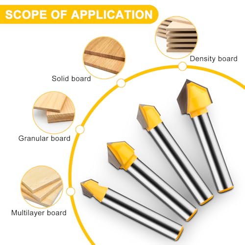 90 Degree V Groove Router Bit Set 1/4 Inch Shank, CNC Engraving V Grooving Bit Cutter for Woodworking Carving, Cutting Diameter: 1/4", 5/16", 3/8", 1/2"