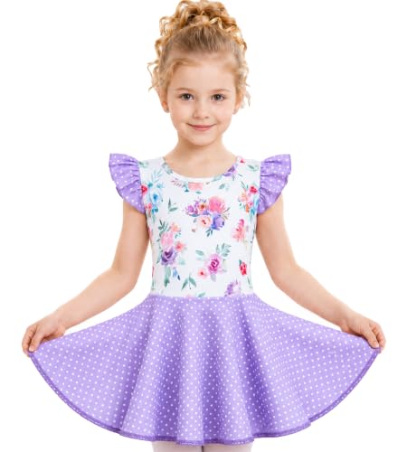 Girls Ballet Leotard Dance Dress with Ruffle Sleeve - 4-5T Purple Flower
