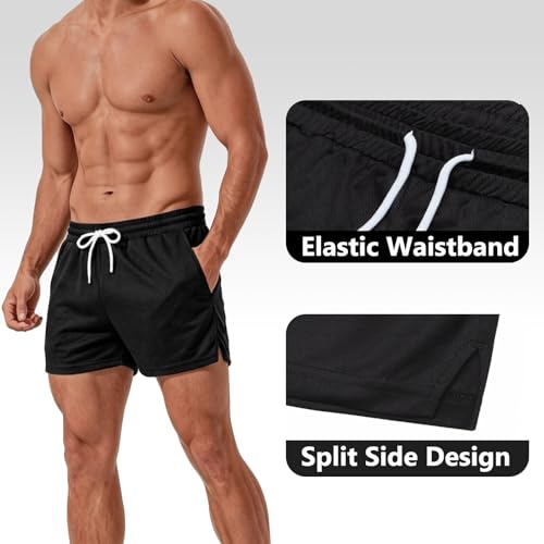 Men's Mesh Running Shorts 3 Inch Quick Dry Athletic Gym Shorts with Pockets (Medium, Black) - Kiuwoba