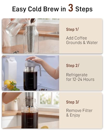 OneDream 64 oz Cold Brew Coffee Maker Mason Jar Pitcher with Stainless Steel Filter, Grey 1 Pack
