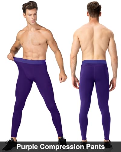 Men's Compression Pants - Cool Dry Leggings with Phone Pocket - X-Large Purple