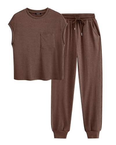 BTFBM Women's Summer Lounge Set - Airport Outfit Tracksuit, Medium, Solid Coffee