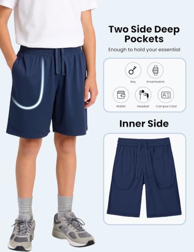 Boys Athletic Shorts - Quick Dry Basketball with Pockets - Large, 5 Colors