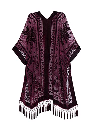 WeHello Women's Burgundy Burnout Velvet Kimono Cardigan with Tassels - Long Cover Up