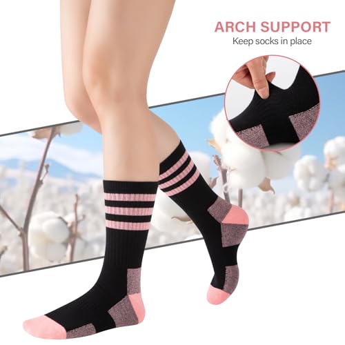 COOPLUS Women's Athletic Crew Socks 5 Pairs Black Cushioned Cotton Wicking Outdoor Sports Calf Socks - One Size