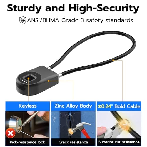 Anweller Fingerprint Cable Lock, 14" Long Shackle Small Padlock, Keyless Entry Biometric Bluetooth Smart Waterproof Combination Pad Lock for Gate Outdoor Fence Fridge Cabinet Locker Pool Bike - Black