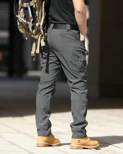 Boonlight Men's Dark Grey Lightweight Tactical Cargo Pants - Water Resistant Hiking Pants, Multiple Pockets, No Belt, Large