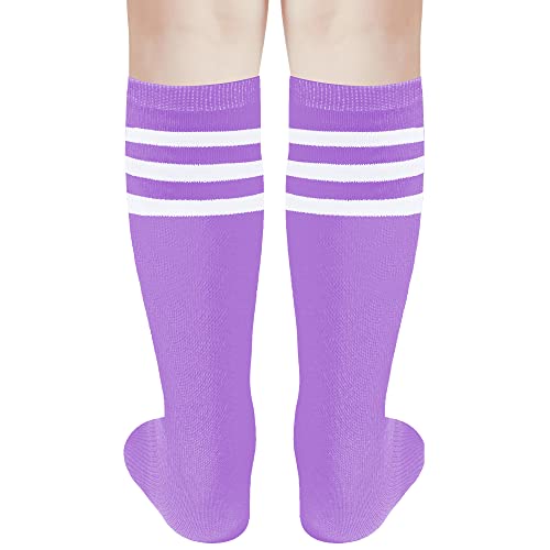 Kids Knee High Athletic Socks - Striped Sports Tube Socks - Purple White