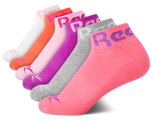 Reebok Girls Quarter Socks 6 Pack - Moisture-Wicking Athletic Socks, Large Pink Multi