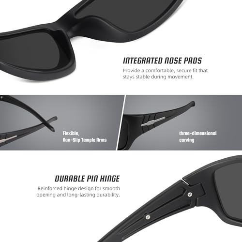 Polarized Sports Sunglasses for Men - Wrap Around UV Protection - A03 Black/Deep Blue