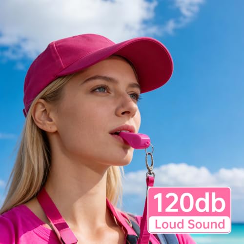 4 Pack Pink Plastic Whistles with Lanyards - Loud & Durable