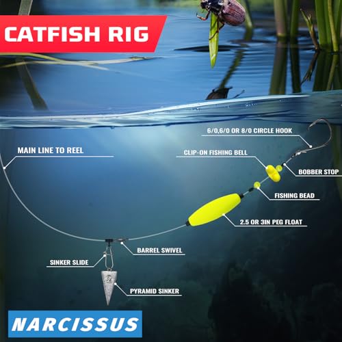 Narcissus Catfish Rigs Set 6/0 Hook, 2 oz Pyramid Sinkers, Float & Rattle