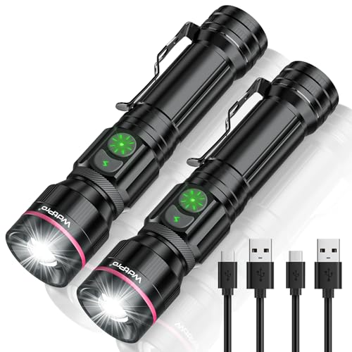 WdtPro 2 Pack Flashlights Rechargeable, Bright Mini LED Pocket Flash Lights with Clip, Zoomable, Dual Switch, 5 Modes, Waterproof Flashlight for Camping Outdoor Home Emergency (Battery Included)