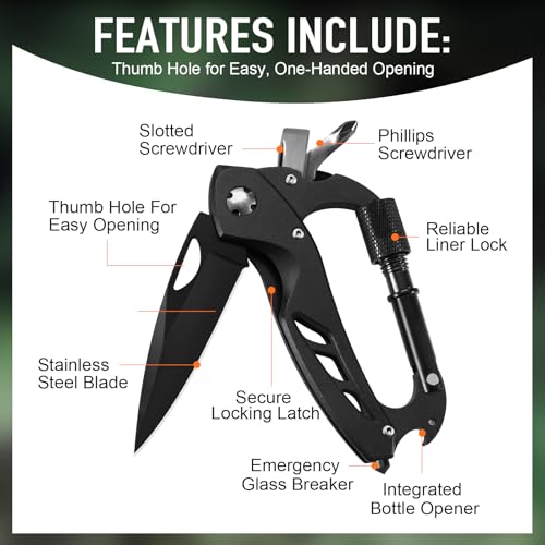 6-in-1 Multitool Carabiner with Pocket Knife - Large Black