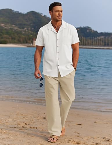 COOFANDY Men's 2-Piece Linen Beach Outfit - Large White Shirt & Khaki Pants Set