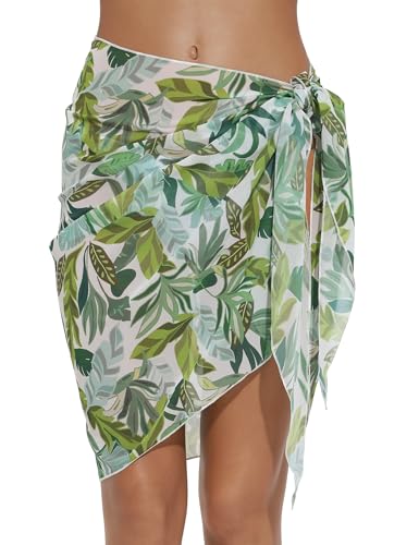 Chiffon Sarong Swimsuit Cover Up - Large White Green Leaves