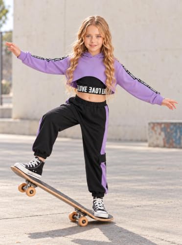 Hilinker Girls 3-Piece Outfit Set: Crop Hoodie, Tank & Sweatpants | Purple-Black, 11-12Y