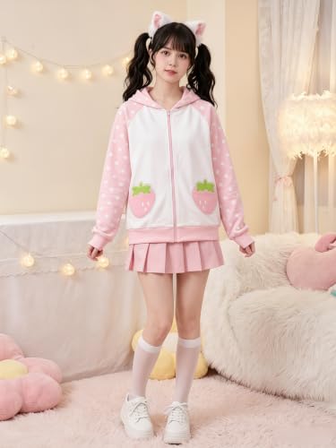 Pink Small Women's Y2K Bunny Ear Hoodie Harajuku Kawaii Baggy Jacket