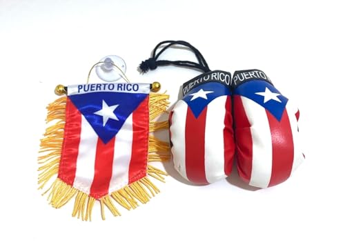 Puerto Rican Flag & Mini Boxing Gloves Rearview Mirror Set