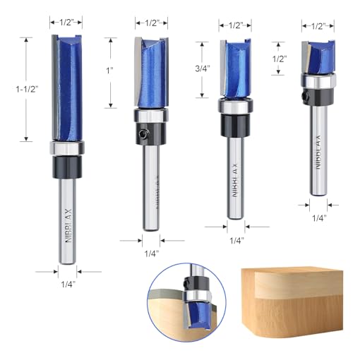 4PCS Router Bit Set, Top Bearing Flush Trim Router Bit 1/4" Shank,1/2" Diameter Flush Cut Router Bit for Woodworking Cutting Length 1/2", 3/4", 1", 1-1/2"