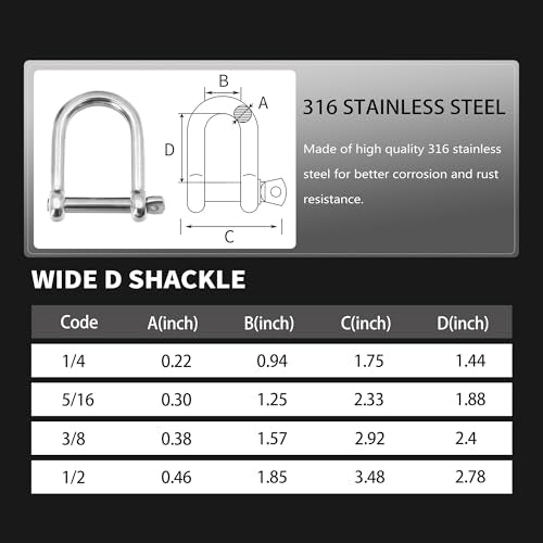 Wide D Shackle - Marine Grade 316 Stainless Steel, 1/4 Inch, 2 Pack