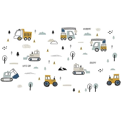 Construction Vehicles Wall Decals Excavator Tractor Crane Wall Stickers Boys Bedroom Kids Room Wall Decor