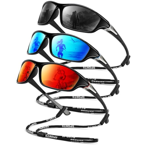 OUKEMAX Polarized Sports Sunglasses Men Women UV Protection Wrap Around 3 Pack Z2-Black/Ice Blue/Red