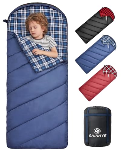 Blue Kids Sleeping Bag for Cold Weather - Lightweight Waterproof Flannel Camping Bag for Youth 10-12 Years