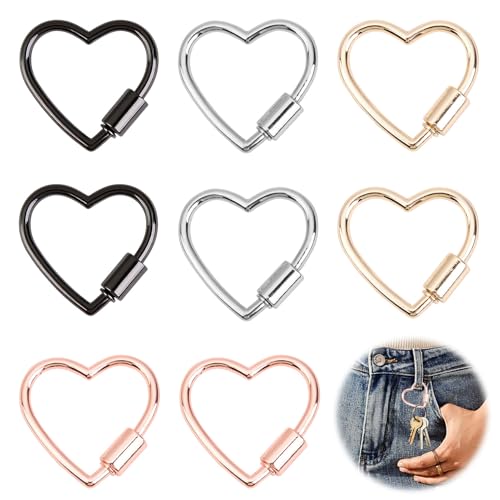 Multi-Color Heart Carabiner Keychain Clips - 8 Pcs Set