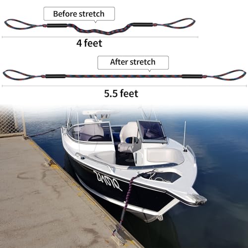 Bungee Dock Lines for Boats - Pack of 2, 4ft Stretches to 5.5ft