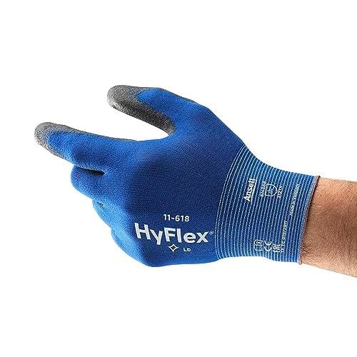 HyFlex 11-618 Ultra-Thin Industrial Safety Work Gloves for Auto, Machinery, Equipment, Fabrication - Size 10, Blue/Black (12 Pairs)
