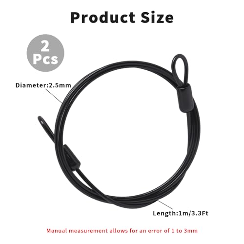 3.3Ft Black Braided Steel Security Cable Lock - 2 Pack