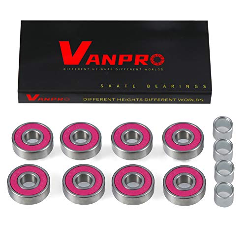608RS Carbon Steel Skateboard Bearings Bundle - 8 Pack Rose Red w/ Spacers