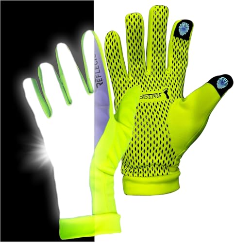 ReflecToes Yellow Large Reflective Winter Running Gloves Men - Hi Vis Neon Traffic Gloves