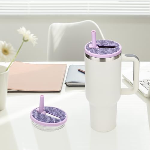 SAVORI 40oz Lilac-Purple Rhinestone Flip Straw Lid for Stanley Quencher H2.0 Tumbler Replacement Leak-Proof Non-Spill