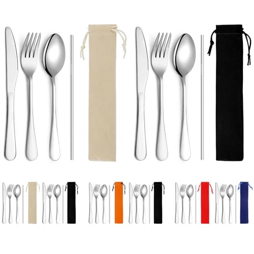 Portable Flatware Set - Reusable Camping Cutlery for Outdoor Use - Black and White Storage Bag