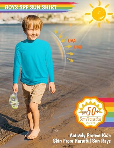 Boys Long Sleeve Rash Guard Swim Shirt - UPF 50+ Sun Protection, Sea Blue, 12-18 Months