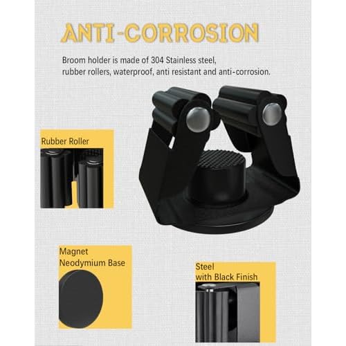 Magnetic Broom Holder, Steel Mop Mount No Drilling Magnetic Holder for Garage Tools, Anti-Slip Utility Mount for Garage, Kitchen, Laundry Tools Organizer and Management - 5 Pack/Black