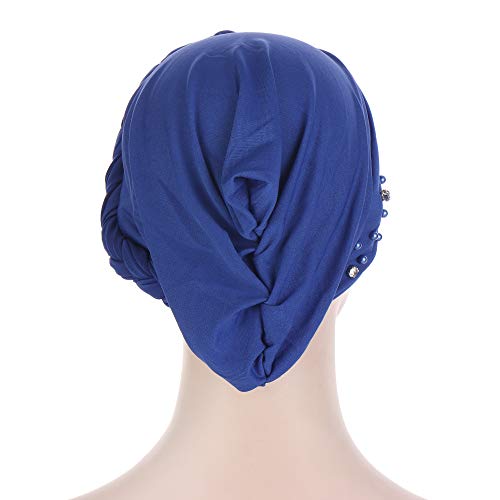 Women's Beaded Pre-Tied Turban Hat - Soft Silky Chemo Beanie - Blue