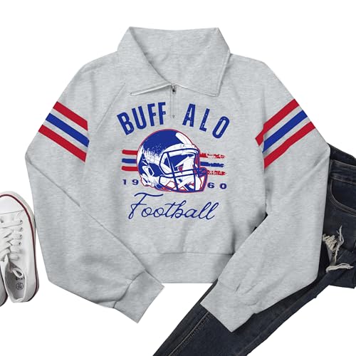 Game Day Football Sweatshirt for Women - Quarter Zip Cropped Top - Grey B, Large
