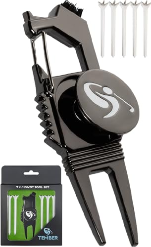 7-in-1 Golf Divot Repair Tool with Magnetic Ball Marker and Tees - Black