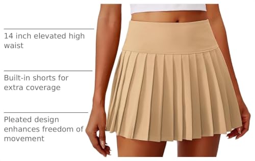 PINSPARK Light Khaki Large Pleated Tennis Skirt with Pocket - Athletic Golf Skort