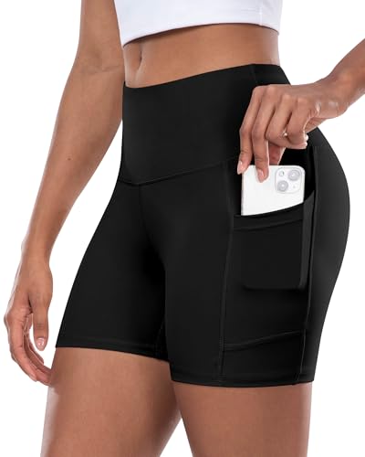 High Waisted Biker Yoga Shorts with Pocket - 5 Inch, Medium, Black