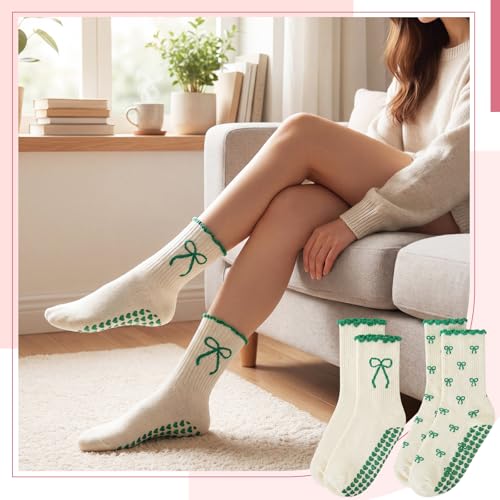 Cute Pilates Socks with Heart Grips - Ruffle Non-Slip Crew Socks - Bow Green and White