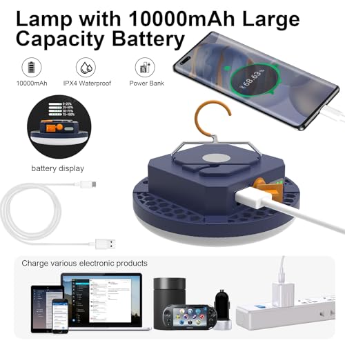 10000mAh Rechargeable Red Light Camping Light Insect Not Attract 4000LM Work Light White/Red/Pink/SOS Brightness Stepless Dimming, IP45 Waterproof Tent Light Power Failure